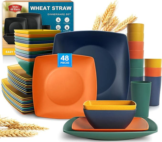 Teivio 48-piece Kitchen Plastic Wheat Straw Square Dinnerware Set for 12, Unbreakable Dinner Plates, Salad Plates, Snack Bowls, Cup 13.5 oz, Dishwasher Safe Dinning RV Essentials, Autumn Multicolor
