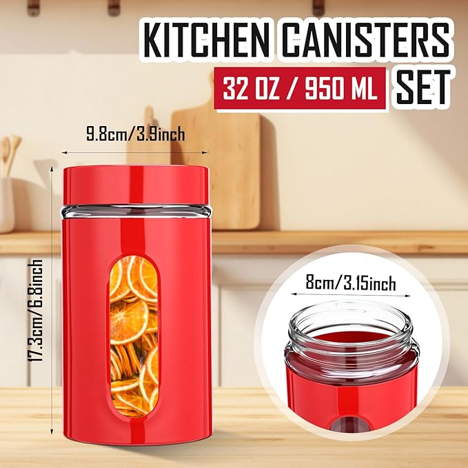 Patelai 6 Pack Kitchen Canisters Set 20 oz Airtight Stainless Steel Canister Food Storage Container with Window Glass, Coffee Sugar Candy Jars Tea Organizer for Flour Cookies Spice (Red,32 oz)