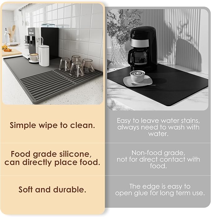 WUDIALIEN Silicone Coffee Mat with Raised Edges, 24'' x 16'' Bar Mat for Countertops, Fits Under Coffee Maker, Espresso Machine, Dish Drying Mat, Gray