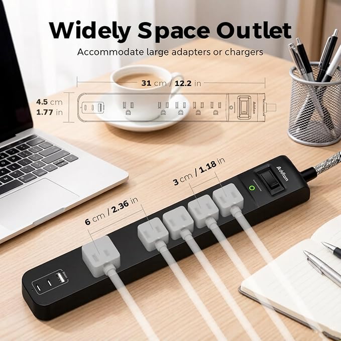 Addtam 2 Pack Power Strip Surge Protector – 5 Wide Spaced Outlets 3 USB (2 USB-C) Charging Ports, 1875W/15A, 5ft Braided Cord, Flat Plug, Overload Surge Protection, Wall Mount for Home, Office & Dorm
