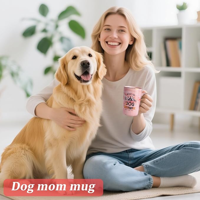 Dog Mom Gifts for Women - Unique Dog Lover Gift Presents for Birthday, Christmas, Valentine’s, or Mother’s Day - 14oz Pink Marble Ceramic Mug for Dog-Loving Friend, with Greeting Card, Nice Gift Boxed