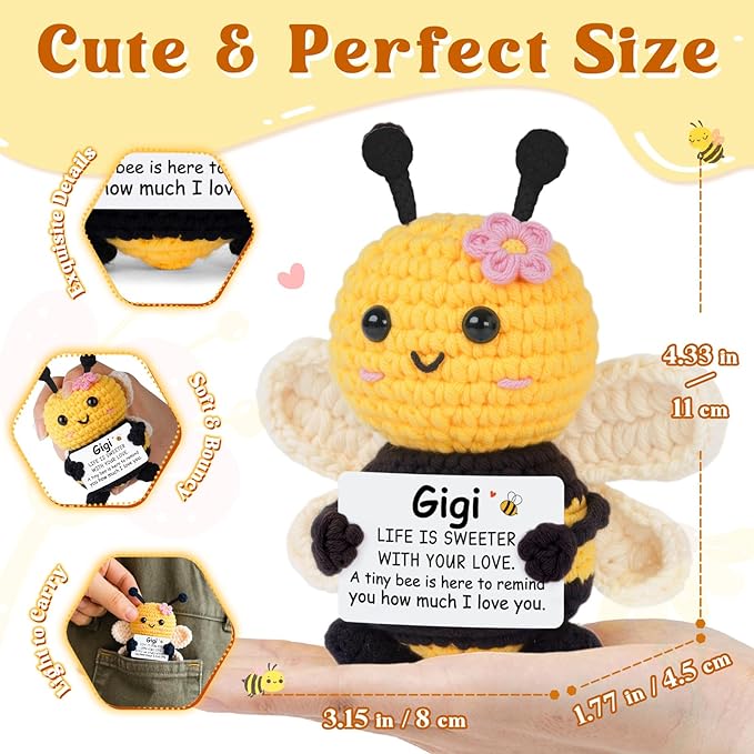 Gigi Gifts for Grandma, Mothers Day Birthday Gifts for Gigi - Cute Handmade Crochet Bee - Valentines for Grandma Grandmother, Emotional Support Crochet Decor