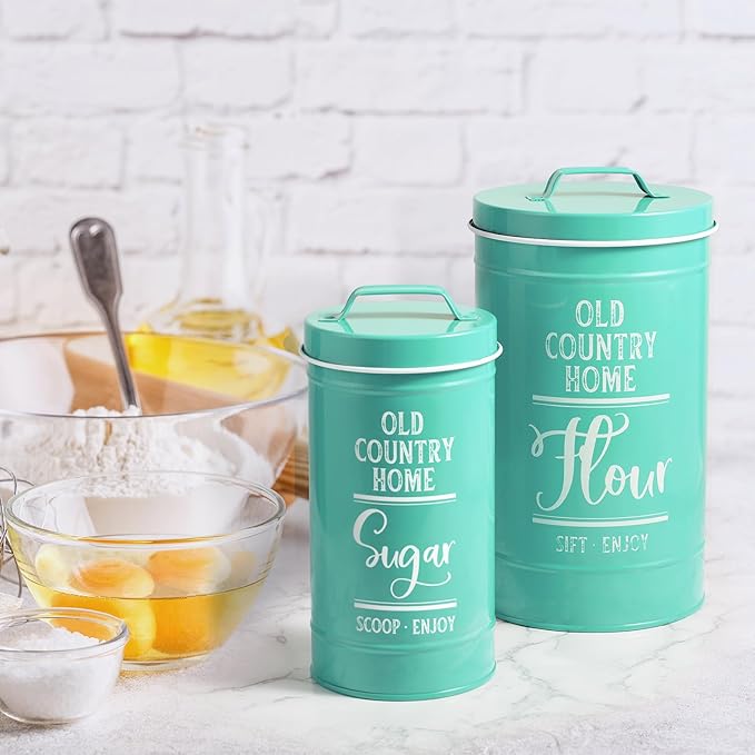 DAYYET Teal Canisters for Kitchen Counter, Airtight Kitchen Canisters for Countertop, Flour and Sugar Containers, Tea Coffee Sugar Canister Set, Turquoise Kitchen Decor and Accessories, Set of 4