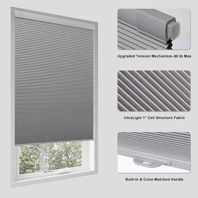 Tonature No Drill Cellular Shades for Indoor Windows, Thermal Insulating & Noise Reducing Honeycomb Blinds, Free Stop Cordless Blackout Shades, Grey,45 1/2" W x 64" H