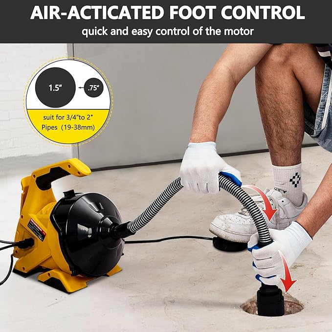 Electric Drain Cleaner Machine, 30FT Strong Flexible Cable, Auto-Feed Electric Drain Auger for 3/4"-2" Pipes, for Sinks, Tubs & Floor Drains, Enclosed Drum, Easy-to-Use DIY Clog Removal Tool