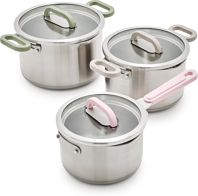 BK Twisting by Greenlife Stainless Steel 6 Piece Locking Lid Cookware Set, Built in Strainer, Induction Pots & Pans, Drip-Free Pour Spouts, Silicone Handles, Saucepan, Stock Pot, Dishwasher Safe