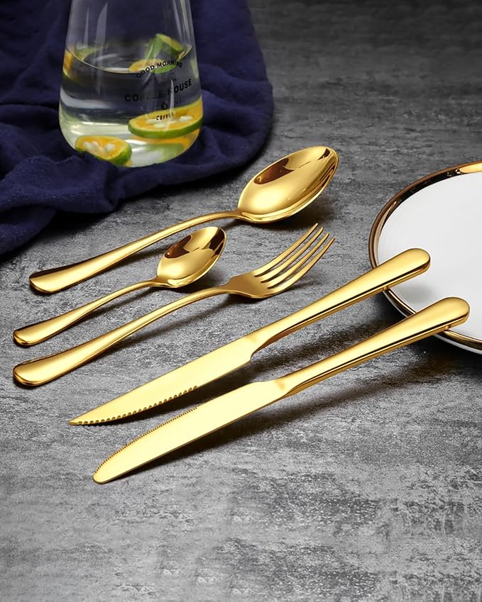 EUIRIO 60Pcs Gold Silverware Set, Stainless Steel Flatware Cutlery Set Service for 12, Mirror Polished Gold Utensils Set Include Forks Spoons Knives for Home, Wedding, Restaurant, Dishwasher Safe