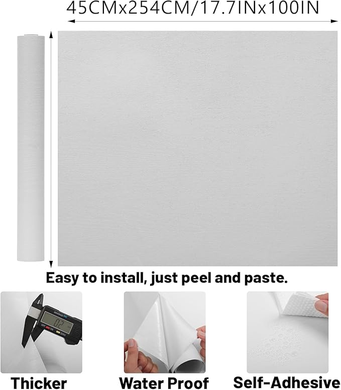 White Wood Wallpaper PVC, 17.5x100 Inch Self-Adhesive Wallpaper, Textured, Waterproof, Washable, for Wall, Cabinets, Drawers Decor