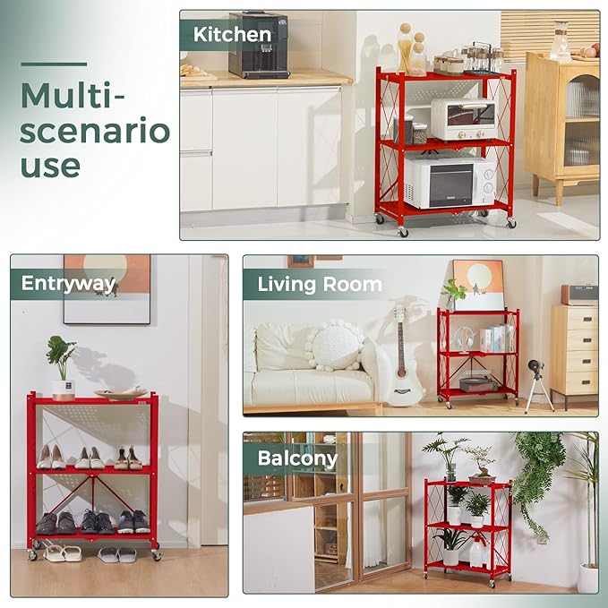 DEANIC 3 Tier Foldable Storage Shelves with Wheels, Kitchen Appliance Stand, Freestanding Metal Wire Shelf Rack, No Assembly Organizer Rolling Cart for Garage, Basement, Pantry(Red Pack of 2)