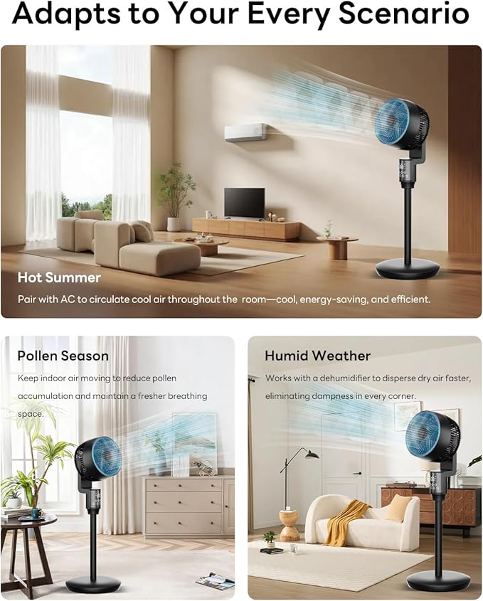 Abolee Pedestal Fan for Bedroom, 100ft Air Circulator Quiet Standing Fan, DC Motor, 4 Speeds & 4Modes, 24H Timer, 70°+90°Oscillation,Remote Control,Floor Fan for Bedroom Living Room Kitchen, Black