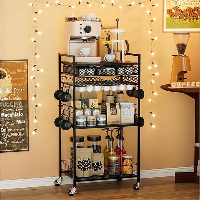 Homsorout Coffee Bar Station with Storage Drawer - 5 Tier Coffee Table Countertop Organizer for K Cups, Tea Bags, Sugar Storage and Kitchen Cabinets (Black)
