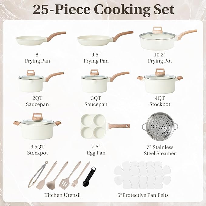 Sweetcrispy Pots and Pans Set, 25 Pcs Nonstick Cookware Set, Induction Kitchen Cooking Set, Non-Toxic Frying Pans & Saucepans (PFOA/PFOS Free) Beige