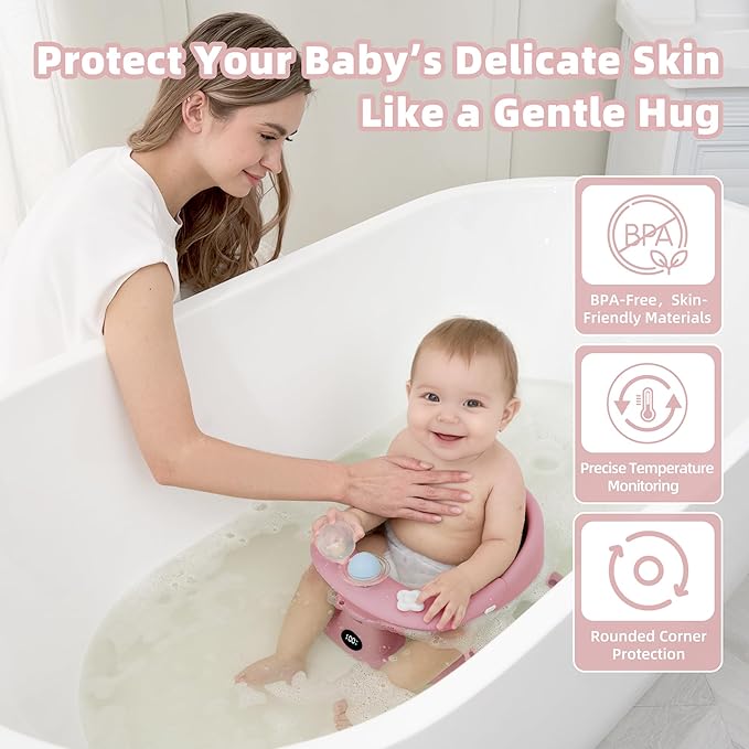 Baby Bath Seat for Babies 6 Months & up with Thermometer, Non-Slip Toddler Bath Seats for Sitting Up, Safe Infant & Newborn Bathtub Chair with 4 Suction Cups, Soft Cushion & Temperature Display, Pink