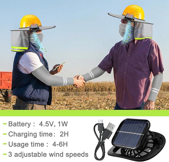 1 Set Sun Hard Hat Shade Full Brim Hard Hat Sun Visor with 2 Solar Fans and Neck Sunshade Cover UV Reflective Strap Arm Sleeves for Construction Workers Outdoor Protection(Light Grey)