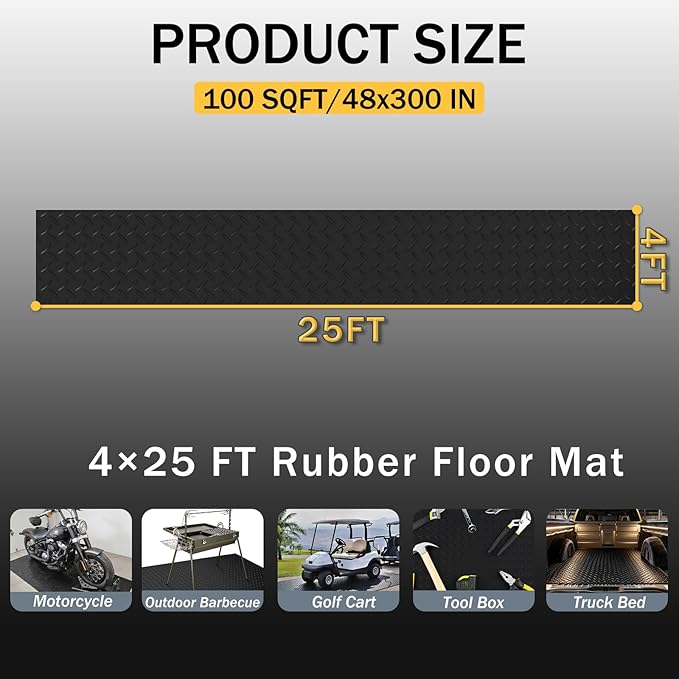 StellarStar 4x25 FT Garage Floor Mat, 2.8mm Thickened PVC Diamond Plate Garage Mat with 20PCS Tapes, Rubber Flooring Rolls for Under Car, Non-Slip Rubber Motorcycle Mat for Golf Cart, Trailer, Black