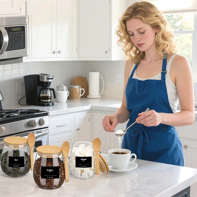 Suclain 3 Pcs Glass Coffee Container with Wooden Lid Spoon Tray Shelf Labels Clear Airtight Glass Jar Storage Container Set for Coffee Beans Tea Leaves Grains Dried Fruits Sugar Spice(38oz)