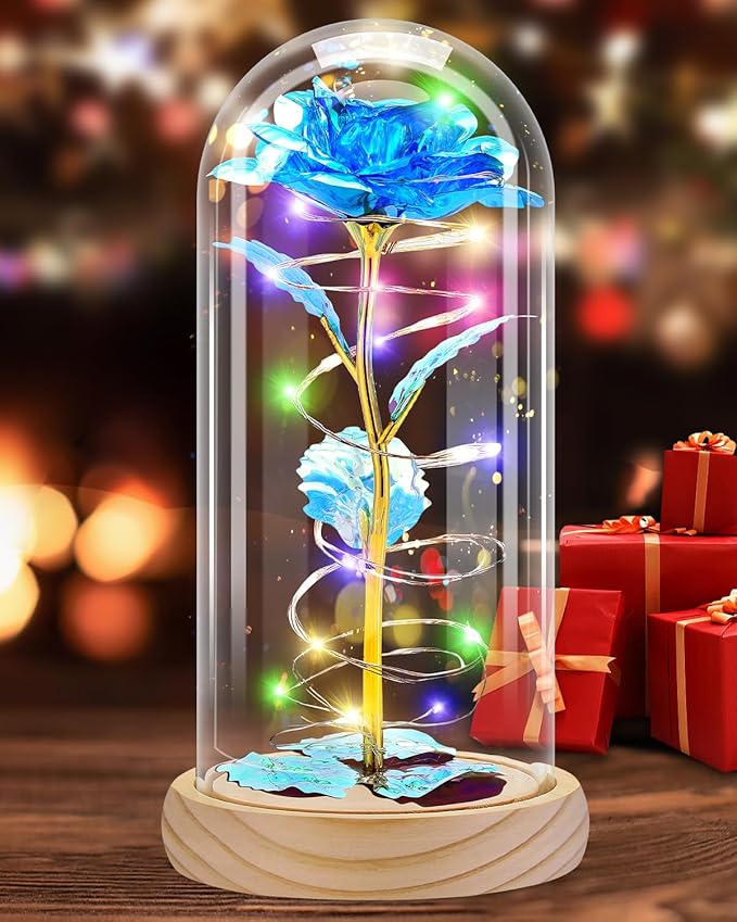 Otlonpe Preserved Forever Mothers Day Flower Gifts for Mom, Glass Rose Wood Base Colorful Light Butterfly Gifts for Women Grandma Girlfriend Wife Her, Valentines Mothers Day Christmas Birthday
