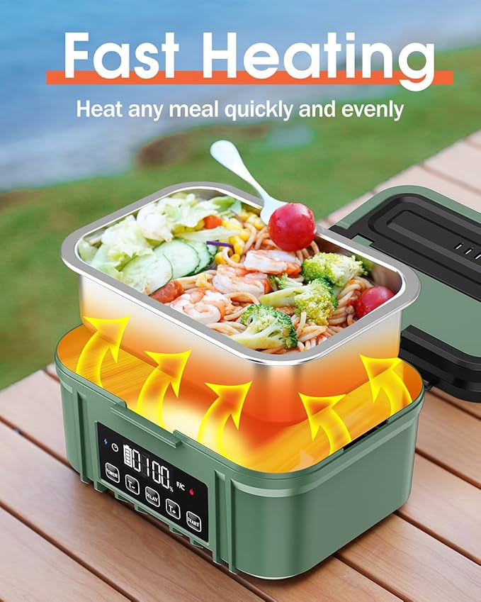 Cordless Electric Lunch Box for Adults – Battery-Powered Heated Lunch Box with 1.2L Stainless Steel Container, Timer Function, and Leak-Proof Food Warmer for Work, Travel & Office(Pine Green)