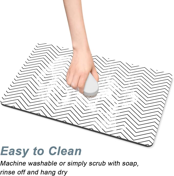 Rnivvi Coffee Mat, 12" x 19" Cute Coffee Bar Mats for Espresso Machine Station Accessories and Organizer, Hide Stain Rubber Backed Absorbent Dish Drying Pad for Kitchen Counter, White Strip