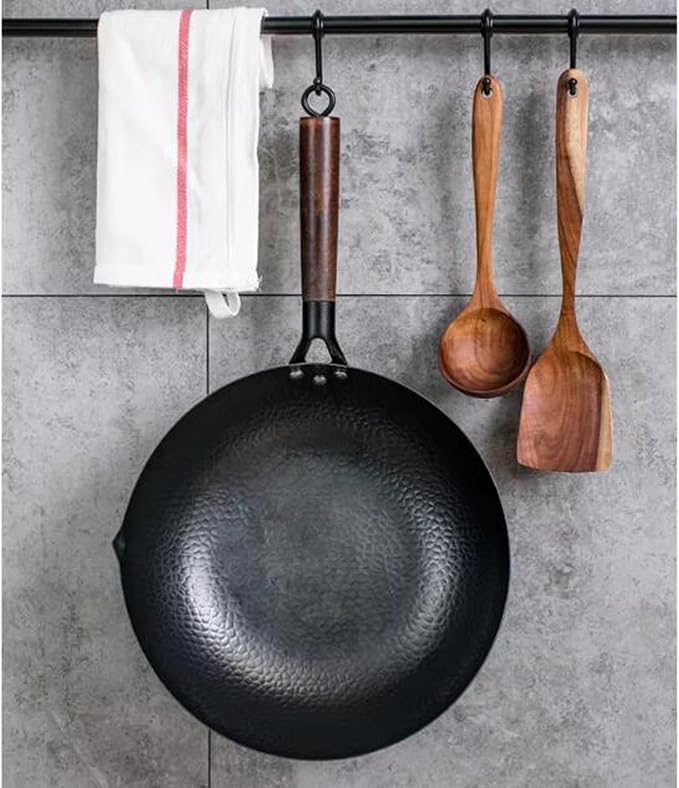 Frying pan 12.6" Carbon Steel Wok with Wooden Lid, Non-Coated Stir Fry Pan Multi-Functional Cooking Pan for Induction, Gas & Electric Stoves