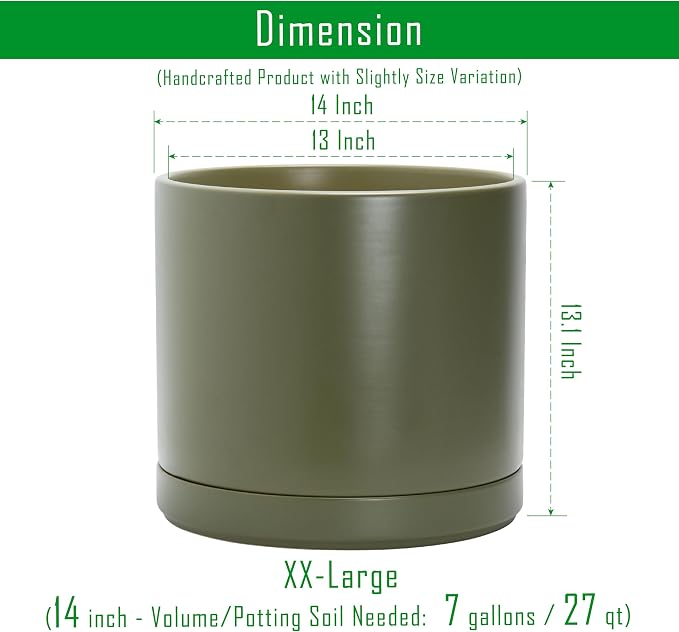 D'vine Dev 14 Inch Ceramic Planter Pot, Olive, 94-O-G-J | Modern Cylinder Design, Drainage Hole & Saucer Included, Stable Structure, Elegant Home Accent