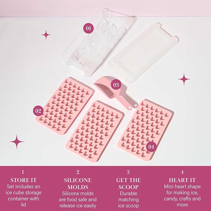 Paris Hilton Heart Shaped Mini Ice Cube Tray Set, Includes 3 Mini Ice Cube Molds, Ice Bin Storage Container with Lid and Ice Scoop, Made without BPA, 6-Piece Set, Pink