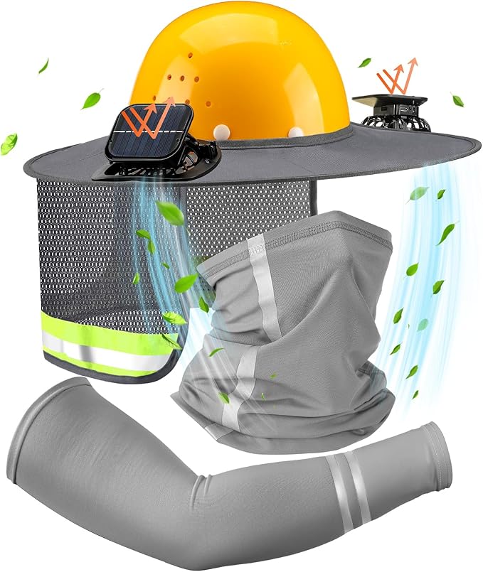 1 Set Sun Hard Hat Shade Full Brim Hard Hat Sun Visor with 2 Solar Fans and Neck Sunshade Cover UV Reflective Strap Arm Sleeves for Construction Workers Outdoor Protection(Grey)