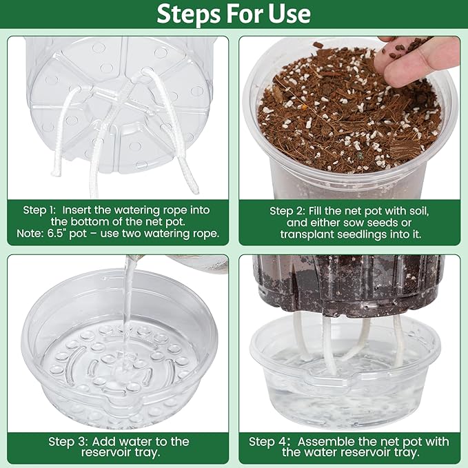 Bluepro Self Watering Pots for Indoor Plants, 4/5/6.5 Inch, 18-Pack | Clear Plastic, 6 Each of Three Sizes, Reservoir Trays and Wicks, Up to 7-Day Water Supply, Root and Water-Level Visibility