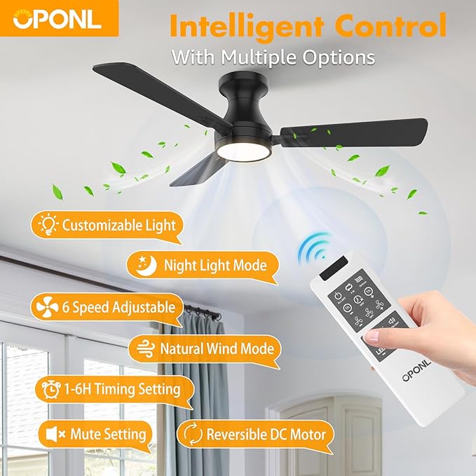 OPONL 42 Inch Black Ceiling Fan with Light, Remote Control, Noiseless, Reversible, 6CCT, Dimmable, Timeable, Metal Housing, Flush Mount Ceiling Fans with Lights for Bedroom, Indoor/Outdoor Use