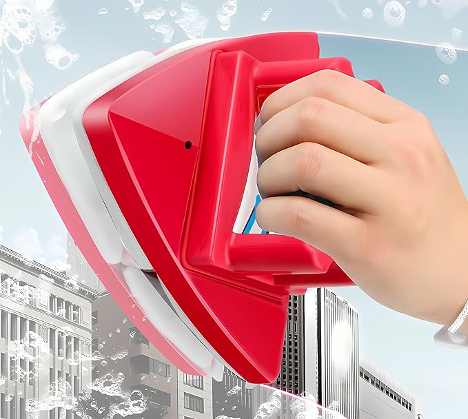Fcare Outside Magnetic Window Cleaner, Double-Sided Brush Glass Wiper Cleaning Tools, Adjustable Magnetic Glider for High-Rise Double Glazed Thick Windows Thickness 0.3"-1.2" (red)