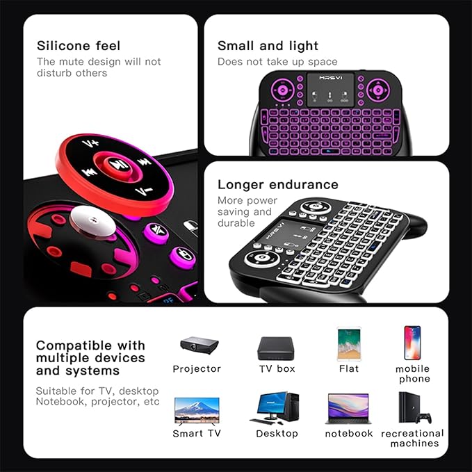 Mini Keyboard with Touchpad-2.4GHz & Bluetooth Dual-Mode,7-Color Backlight, Multimedia Hotkeys, Rechargeable, for Android TV Box, Smart TV, Projector, PS3, PC, Tablet, Windows/iOS/Android