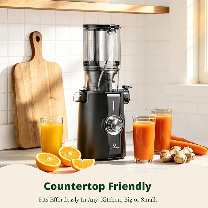 LINKChef Cold Press Juicer Machines, 4.53" Diameter juicers Whole Fruit and Vegetable, 200W Masticating Slow Juicer with Automatic Cutting, BPA-Free, Easy Cleanup & Assembly, Lightweight, Black