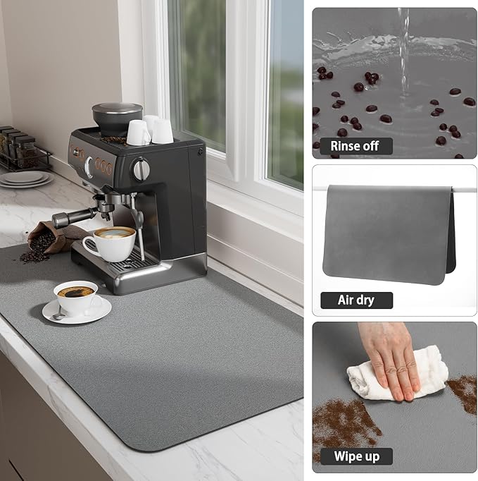 Ecotrim Absorbent Coffee Mat , Stain Hiding PU Leather Surface, Non-Slip Natural Rubber Backing, Quick Dry Mat for Espresso Machine, Kitchen Counter ,Grey | 16" x 24"