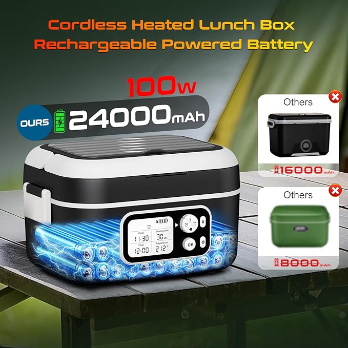 Cordless Electric Heated Lunch Box, XL 6.3Cups Rechargeable Food Warmer Lunch Box with Self Heating, Smart Timer, Adjustable Temperature, Leakproof, BPA Free, Removable Divider Black
