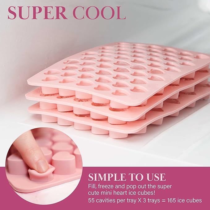 Paris Hilton Heart Shaped Mini Ice Cube Tray Set, Includes 3 Mini Ice Cube Molds, Ice Bin Storage Container with Lid and Ice Scoop, Made without BPA, 6-Piece Set, Pink