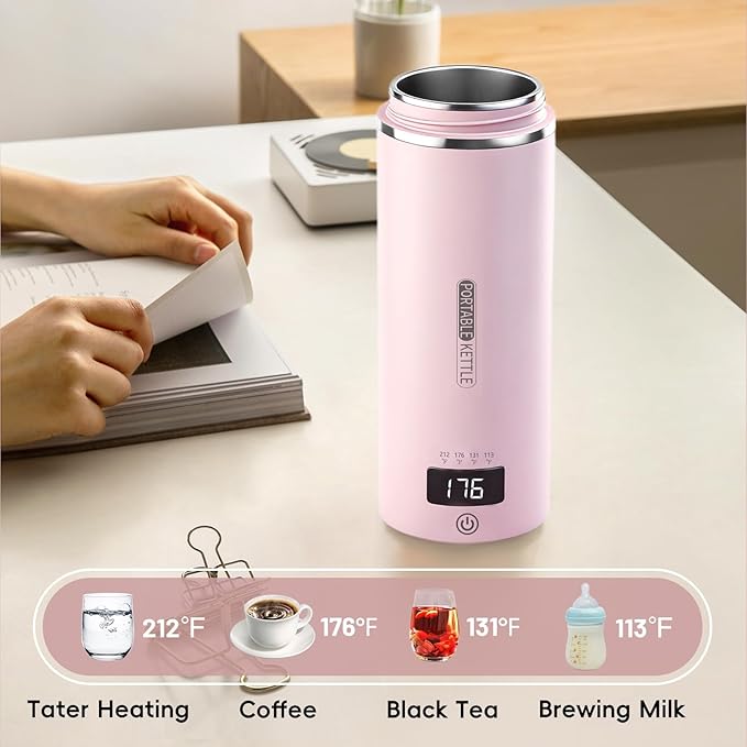 Portable Travel Electric Kettle with Plug-in Boiling & Keeps Warm via USB, 4 Temperature Settings, 304 Stainless Steel with Auto Shut-off, 16oz, Pink