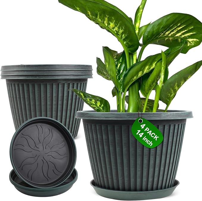Large-Planter-Indoor-Outdoor Plant Pots, 14 inch 4 Pack Plastic Flower Pots with Saucer And Drainage Holes, Modern Garden Planters For Planting Medium Large Plants, Decorative Resin Garden Pots