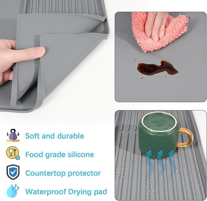 Golener Silicone Coffee Mat Set - 24" x 16" Coffee Bar Mat for Countertop, Kitchen Station Pad Accessories Fit Under Coffee Maker or Machine, Dish Drying Mat, Heat Resistant Kitchen Gadget, Grey