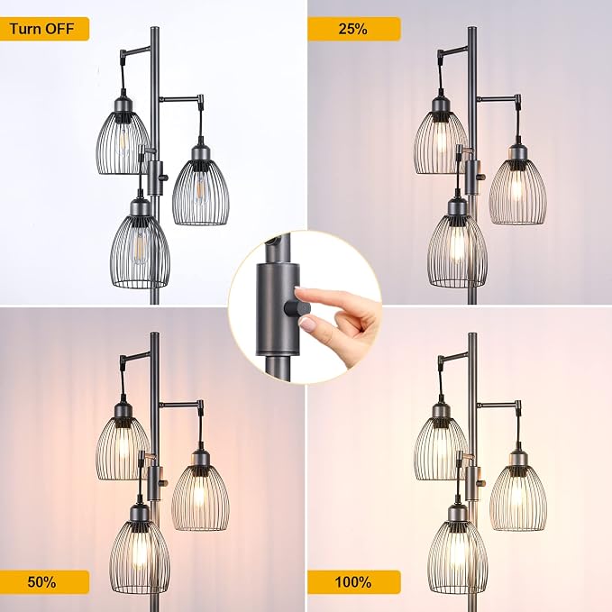 Nintiue Dimmable Floor Lamp, 3 x 800LM LED Edison Bulbs Included, Industrial Floor Lamp Standing Tree Lamp with Elegant Teardrop Cage Heads Tall Lamps for Living Room Bedroom-Grey