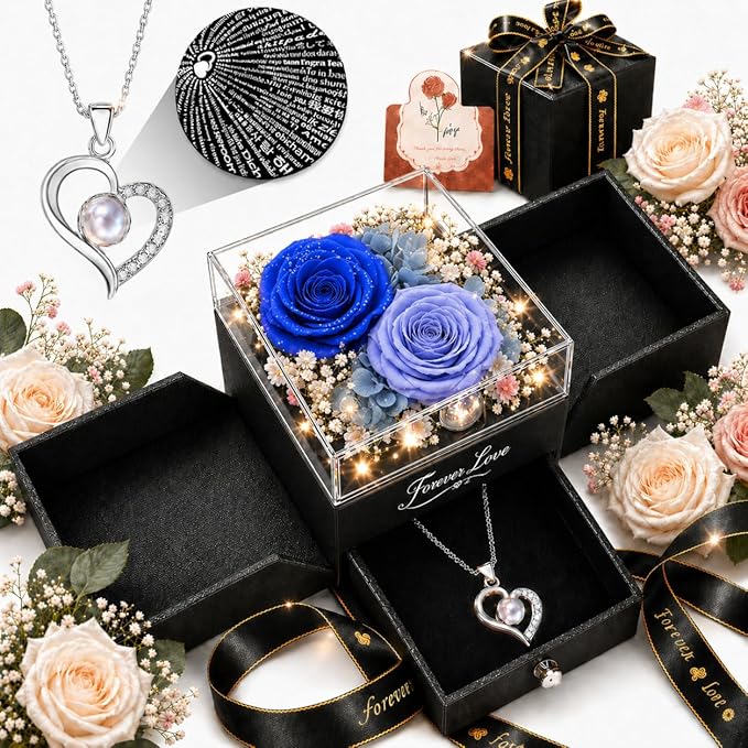 Forever Love Preserved Real Rose with Heart Necklace, Mothers Day Gifts for Mom, Wife, Anniversary Birthday Gifts for Women – Projects “I Love You” in 100 Languages