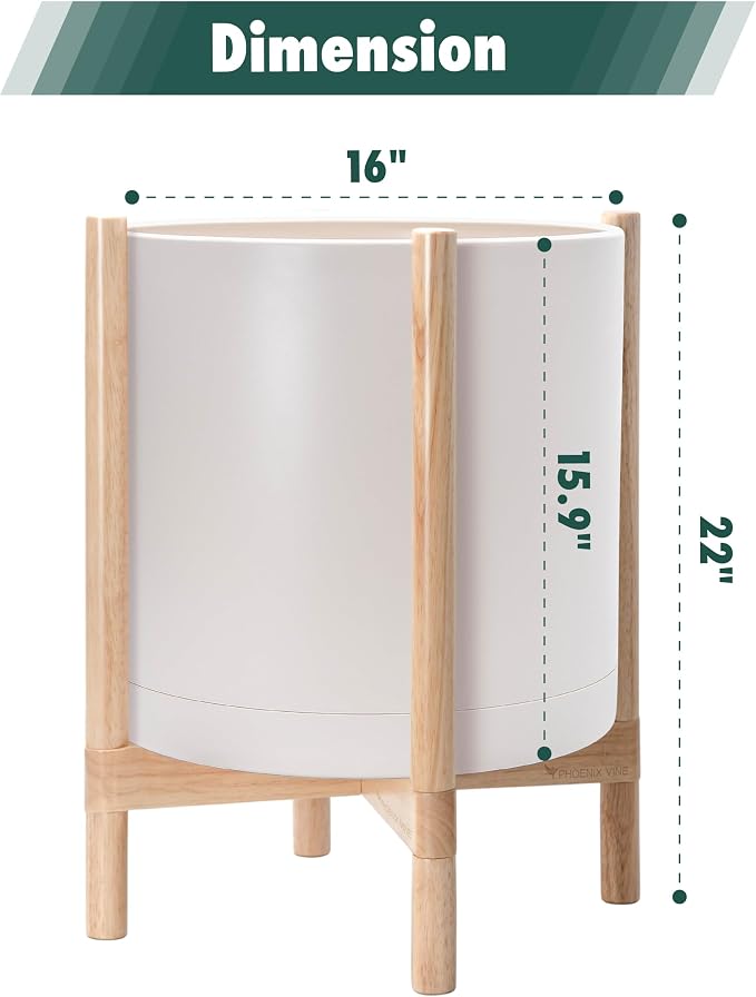 D'vine Dev Plastic Pot with Natural Wood Stand, Oatmeal, 16 in, 55-C-Y-4 | Mid-Century Inspired Design, Elevated Plant Display, Clean Lines, Sturdy Support, Modern Space-Saving Style