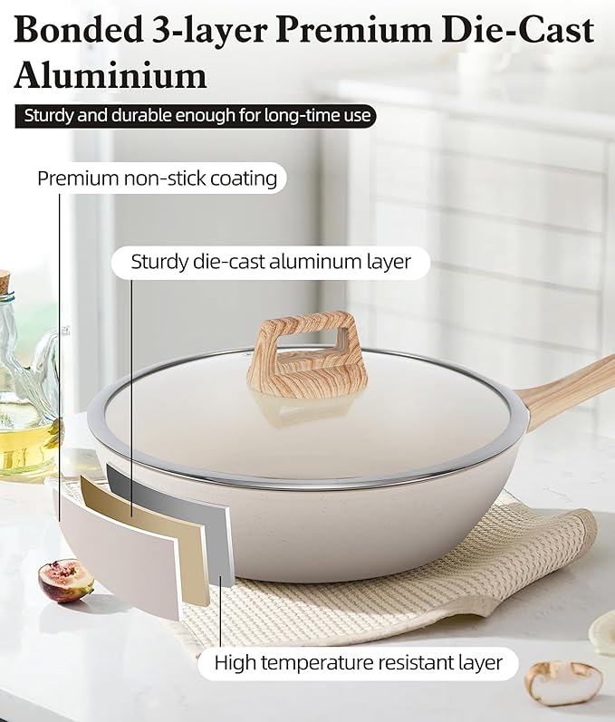 12-Piece Beige Granite Cookware Set, Nonstick Ceramic Pots and Pans Set with Frying Pans & Saucepans, Non-Toxic PFOS/PFOA Free, Induction Compatible with Wood Grain Soft-Touch Handles