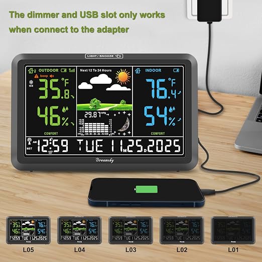 DreamSky Weather Station Indoor Outdoor Thermometer Wireless, Atomic Clock | Digital Large Display with Dimmer, USB Port, Inside Outside Temperature Humidity Monitor for Home (Plug-in)-3 Sensors