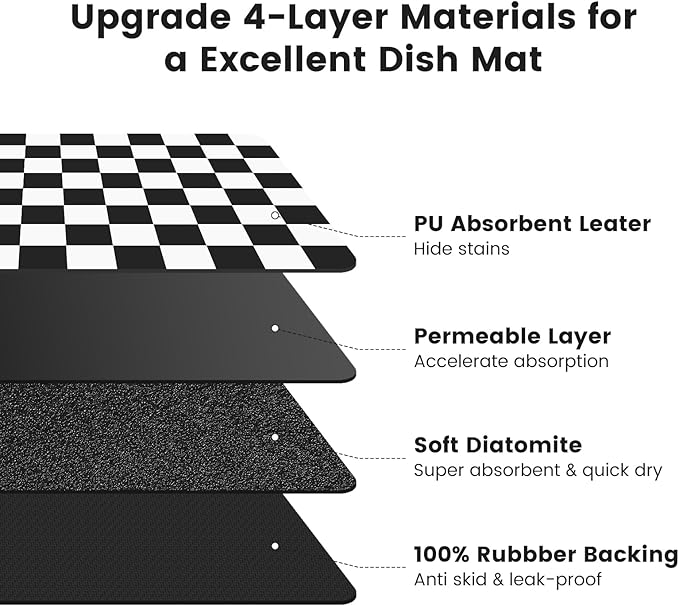 16" x 24" Checkered Dish Drying Mat for Kitchen Counter, Absorbent Coffee Bar Mat for Espresso Machine Coffee Countertops Accessories, Black
