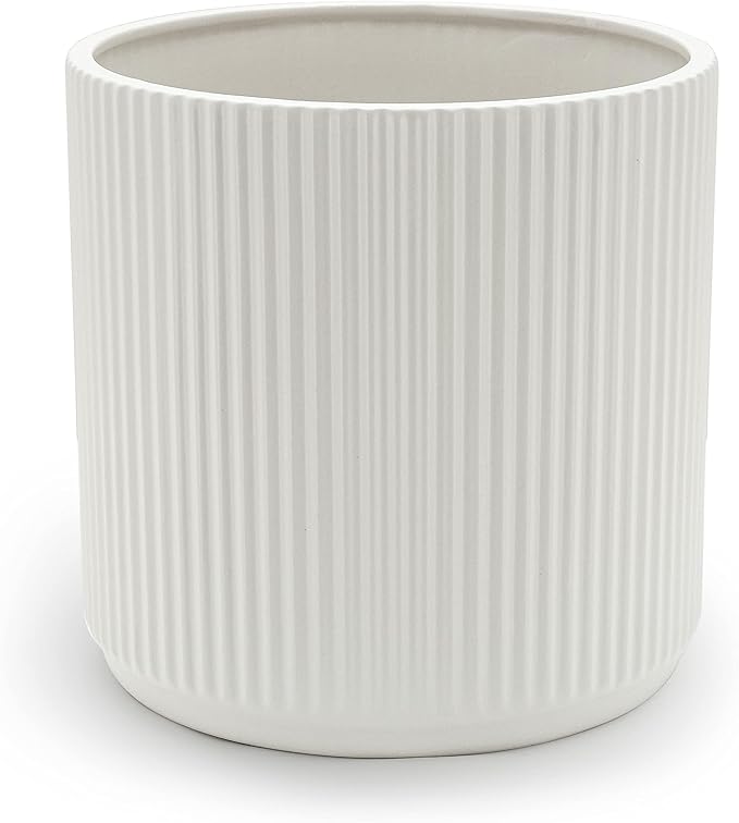 Amazon Basics Fluted Ceramic Planter Pot for Indoor Outdoor Plants, Round Flower Pot with Drainage Hole, 8-inch, White