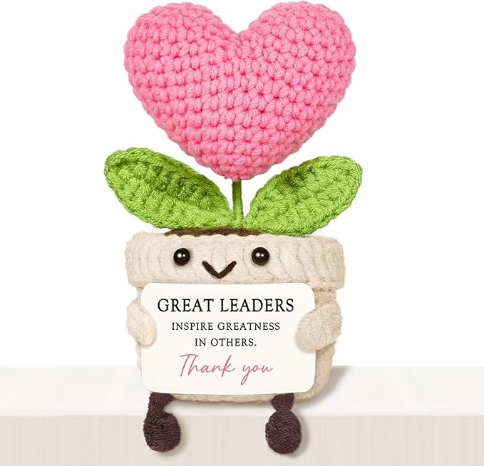 Leader Gifts – Mini Handmade Crochet Pink Heart Flower, Leadership Gifts Thank You Appreciation, Best Boss Gift for Women Boss Lady Promotion Office Desk Decor