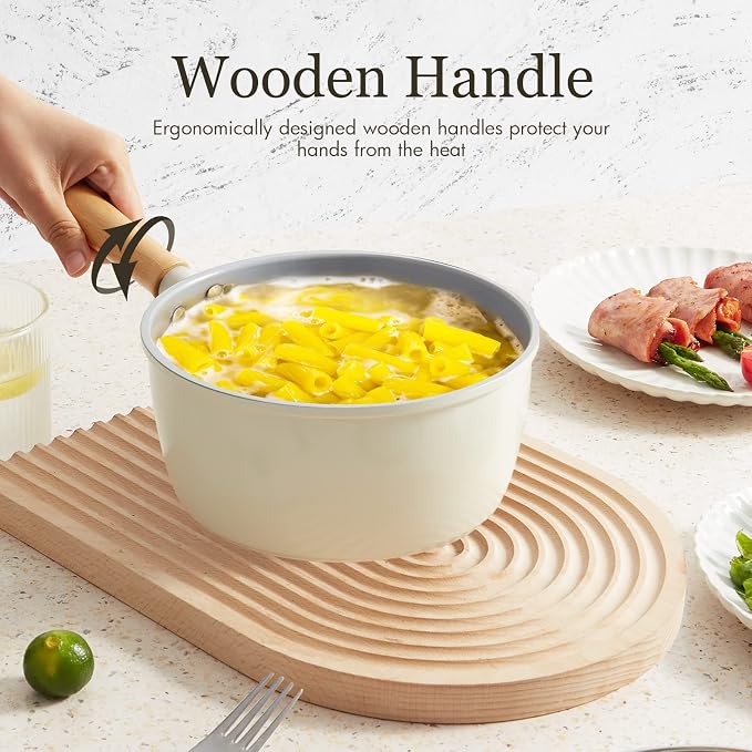 ROCKURWOK Ceramic Nonstick Sauce Pan with Lid, 2 Quart Cooking Pot, Small Saucepan with Steamer, PTFE & PFAS-Free, Wooden Handle for Cool Touch, Universal Base(Gas, Electric & Induction), White