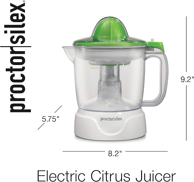 Proctor Silex Electric Citrus Juicer Machine, Large 34 oz. Pitcher, Pressure Activated, 2 Reamers for Big and Small Fruit, Pulp Control, for Orange, Lemon, fruit Juice, White,Green (66340) (Pack of 2)