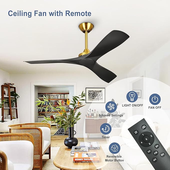 Modern Ceiling Fan with Remote: Black and Gold Ceiling Fans 3 Blades - 52 Inch Ceiling Fan No Light for Covered Outdoor Living Room Bedroom