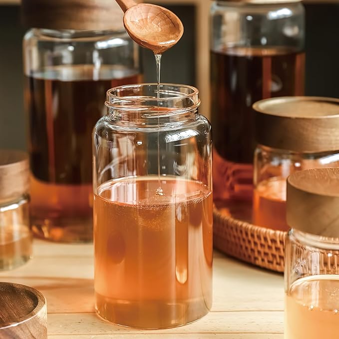 3 Pack 28 fl oz/850 ml Clear Glass Storage Canister with Airtight Wooden Screw On Lid, Medium Decorative Glass Container Jar Set for Coffee, Candy, Cookie, Condiment, Pepper, Sugar, Oatmeal
